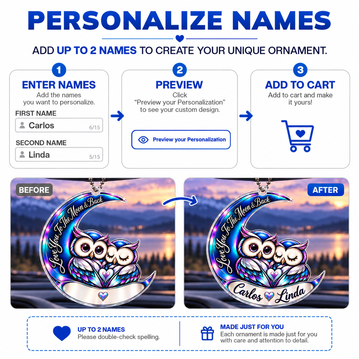 Personalized Names Blue Owl Couple Moon Ornament – Anniversary Keepsake