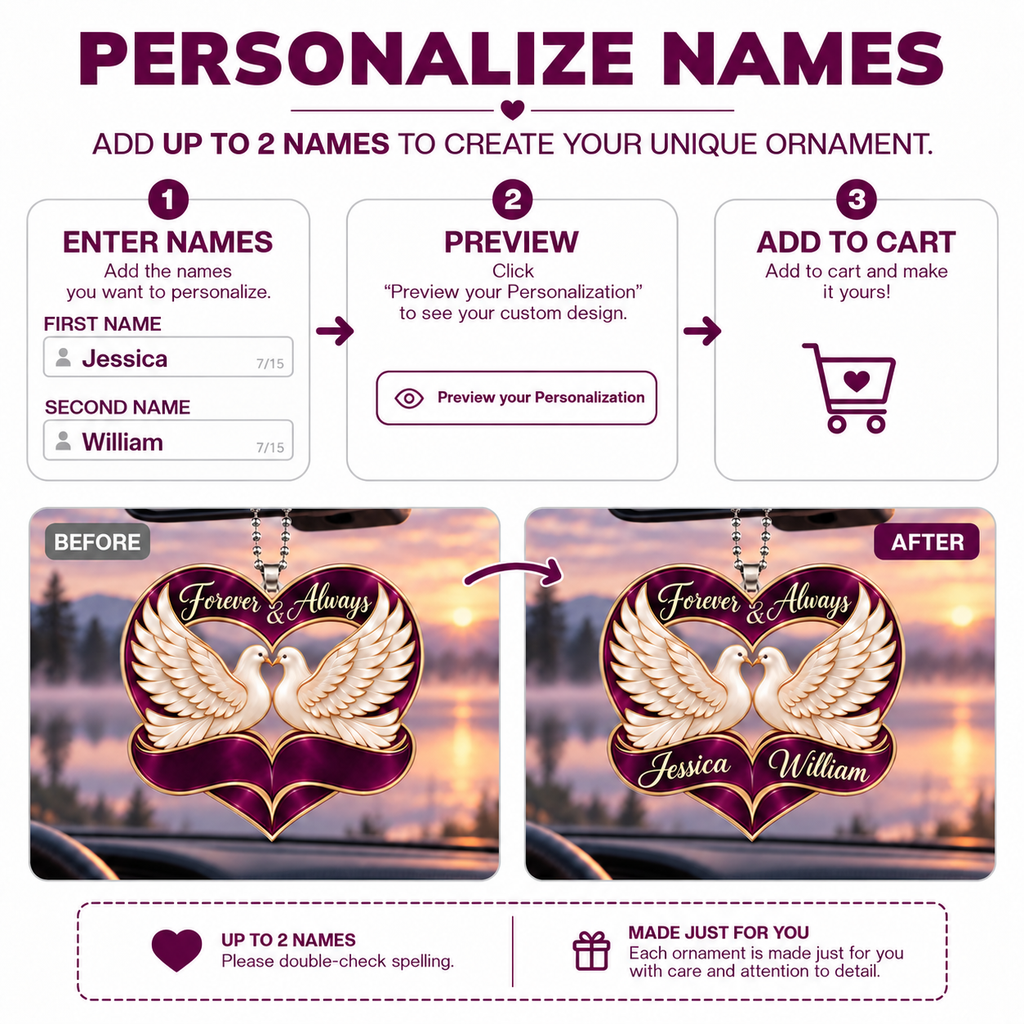 Personalized Names Dove Couple Heart Ornament – Anniversary Keepsake