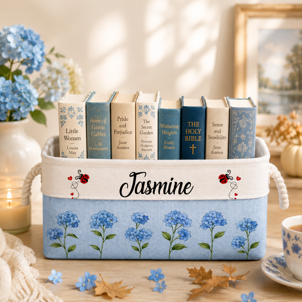 Custom Storage Basket - Personalized Birth Month Flower Gifts for Book Lovers, Readers & Bookworms