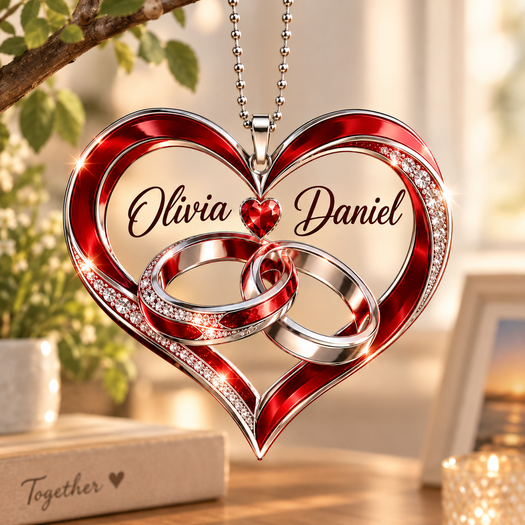 Personalized Couple Heart Car Ornament – Custom Names, Interlocking Rings Heart Keepsake, Anniversary Gift for Couples