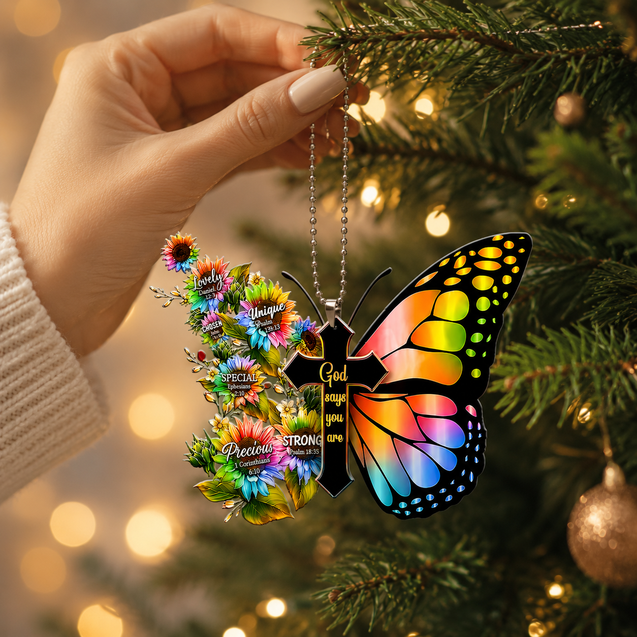 Rainbow Butterfly Cross God Says You Are Ornament