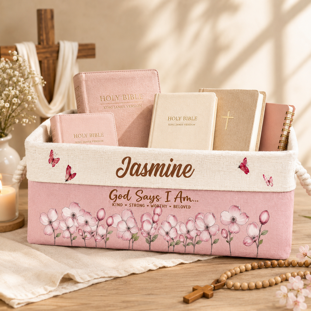 God Says I Am Custom Storage Basket - Personalized Bible Flower Gifts for Christian Faith Book Lovers