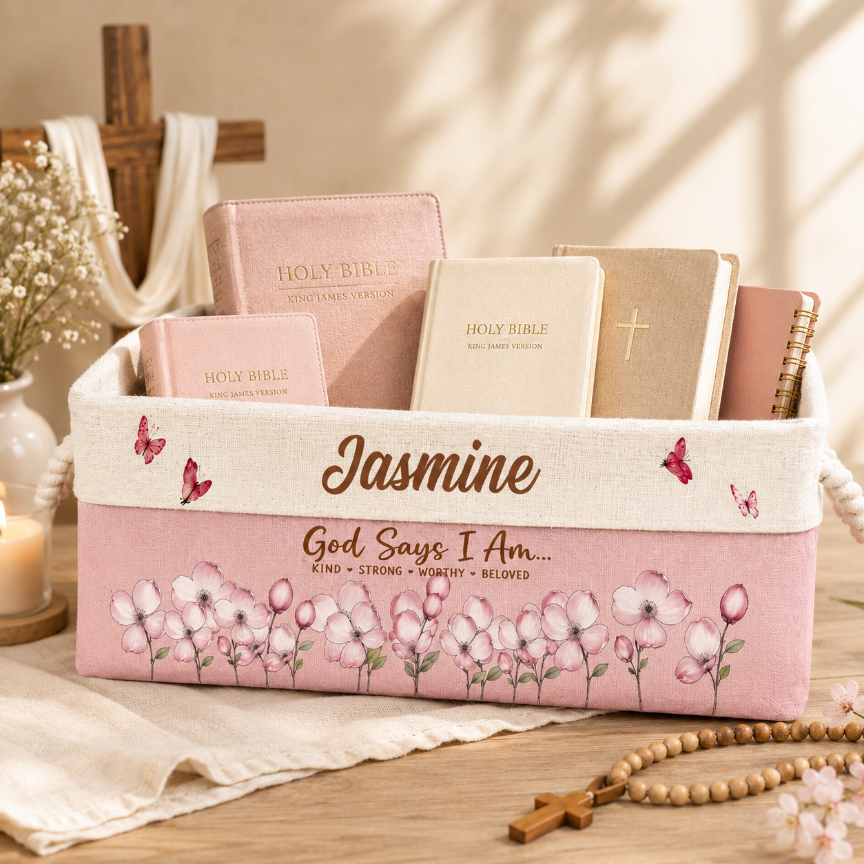 God Says I Am Custom Storage Basket - Personalized Bible Flower Gifts for Christian Faith Book Lovers