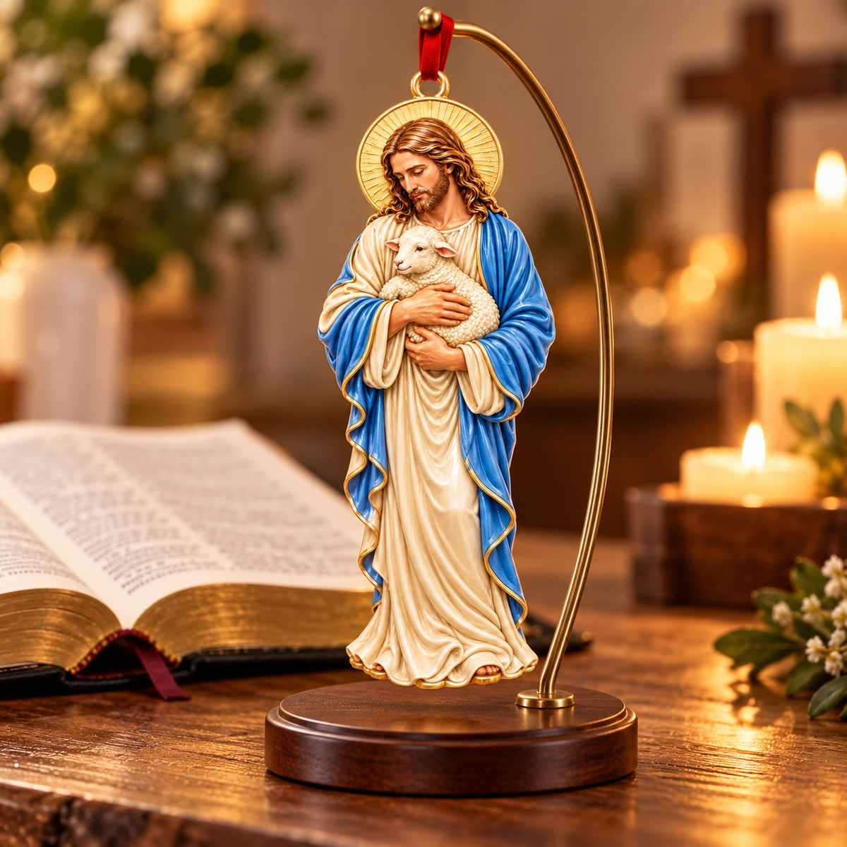 3D Raised Jesus Holding Lamb Christian Ornament