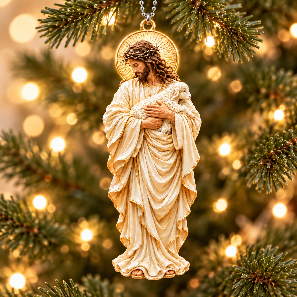3D Raised Jesus Holding Lamb Christian Religious Ornament