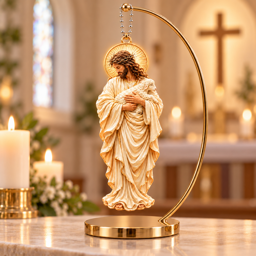 3D Raised Jesus Holding Lamb Christian Religious Ornament