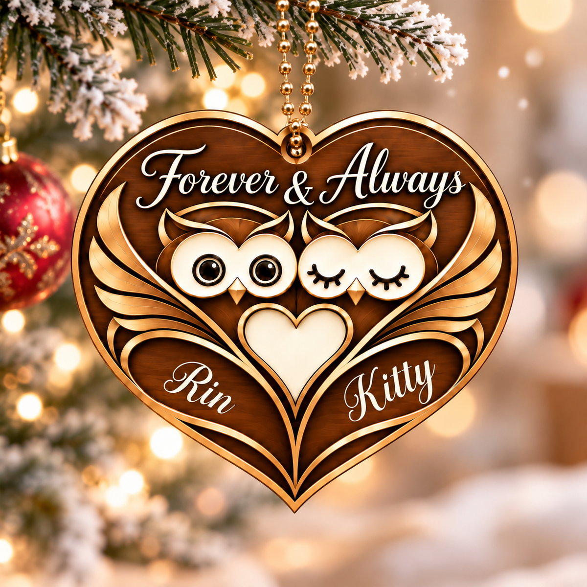 Personalized Names Owl Couple Forever & Always Brown Heart Ornament - Anniversary Gifts for Couples