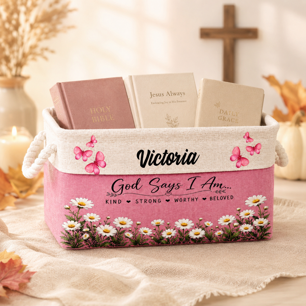 Custom Storage Basket - Personalized Jesus Bible Flower Book Basket - Gifts for Jesus Lovers, Bookish Lovers