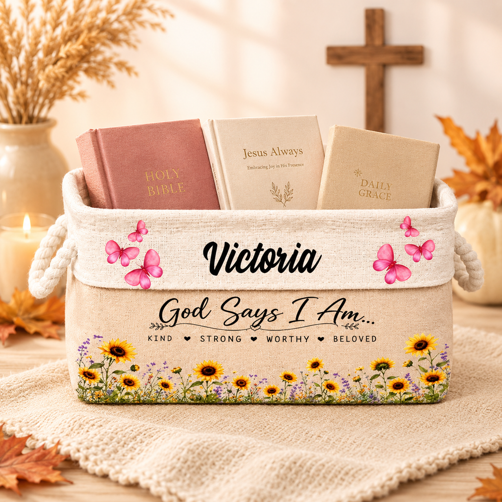 Custom Storage Basket - Personalized Jesus Bible Flower Book Basket - Gifts for Jesus Lovers, Bookish Lovers