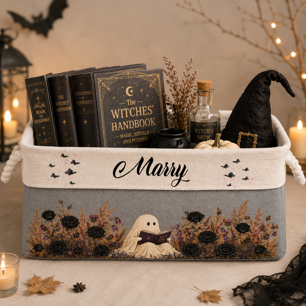 Custom Storage Basket - Personalized Ghost Reading Spooky Halloween Garden Basket - Gifts for Halloween, Bookworms, women