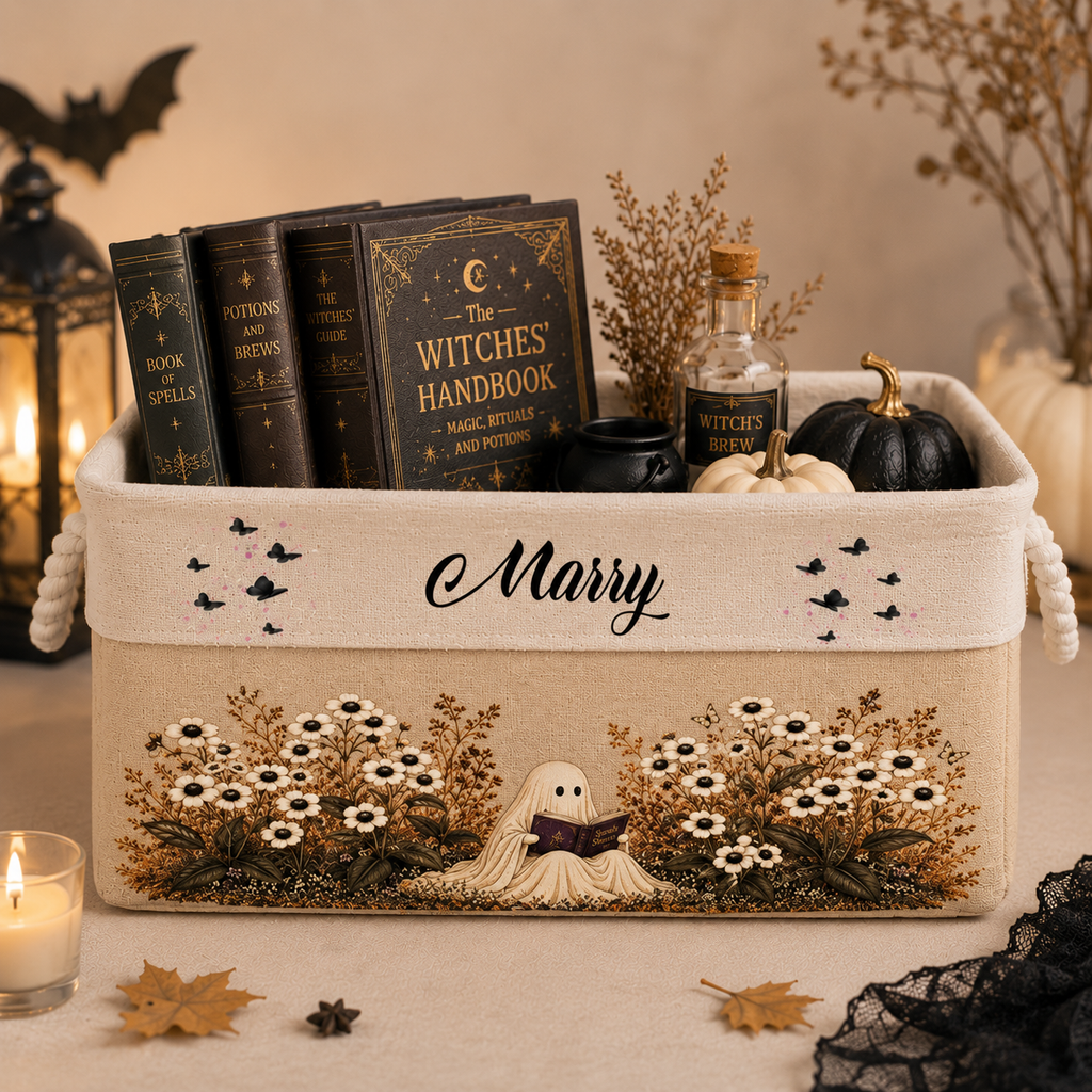 Custom Storage Basket - Personalized Ghost Reading Spooky Halloween Garden Basket - Gifts for Halloween, Bookworms, women
