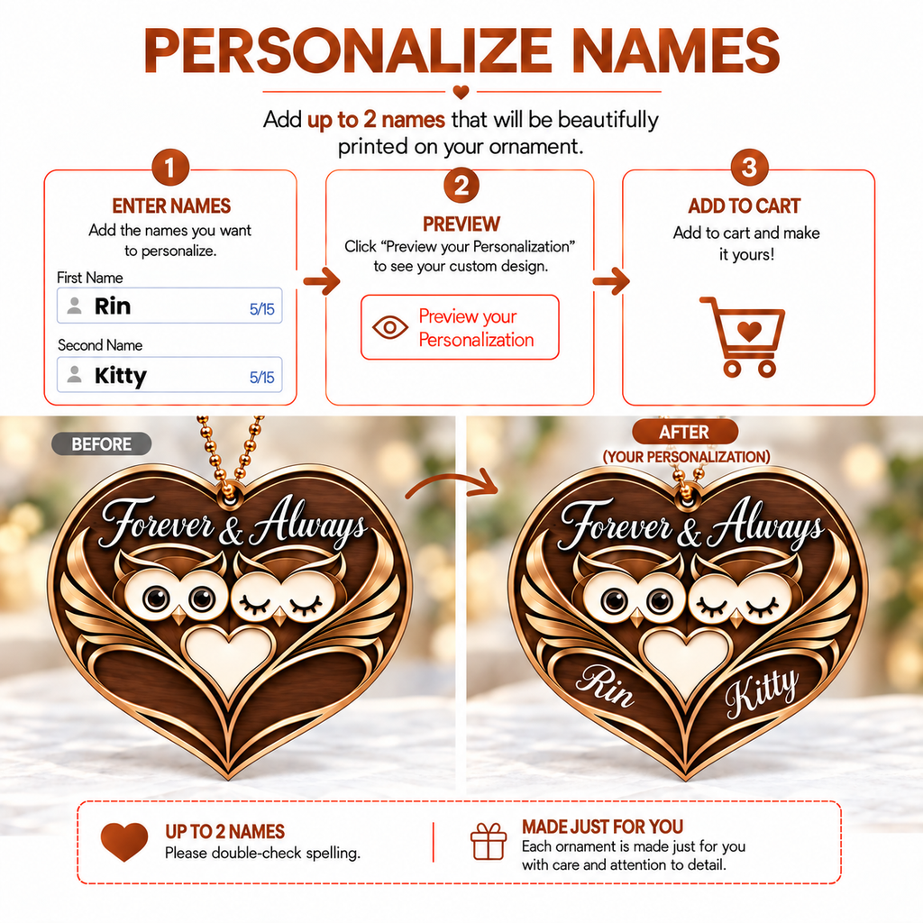 Personalized Names Owl Couple Forever & Always Brown Heart Ornament - Anniversary Gifts for Couples