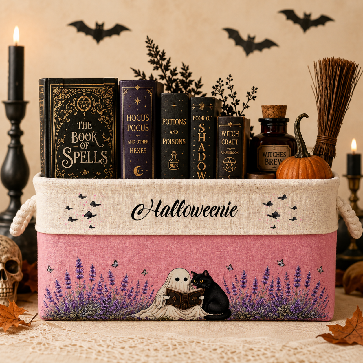 Custom Storage Basket - Personalized Ghost Reading with Black Cat Spooky Garden Basket - Gifts for Halloween, Bookish Lovers
