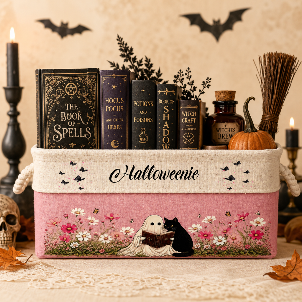 Custom Storage Basket - Personalized Ghost Reading with Black Cat Spooky Garden Basket - Gifts for Halloween, Bookish Lovers