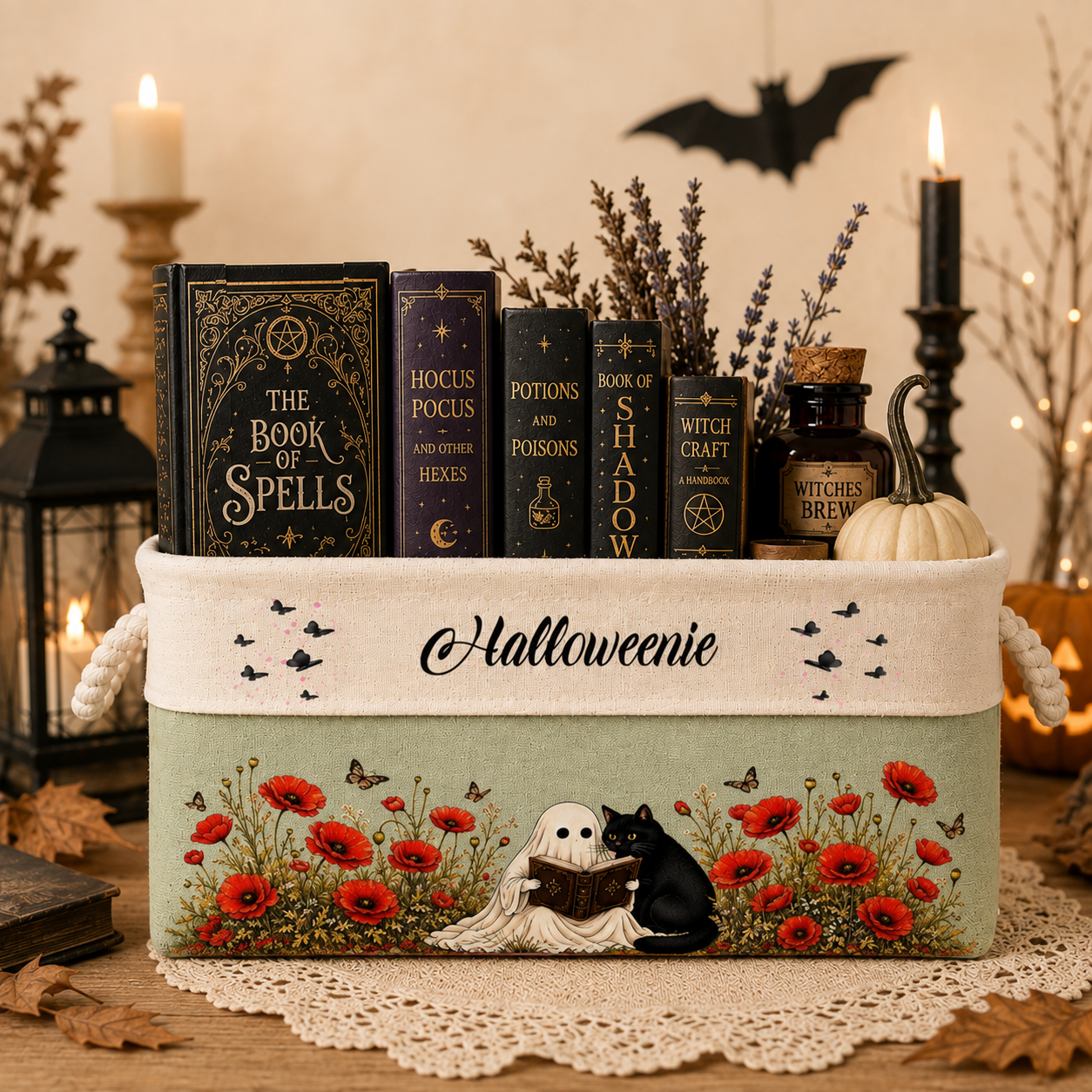 Custom Storage Basket - Personalized Ghost Reading with Black Cat Spooky Garden Basket - Gifts for Halloween, Bookish Lovers