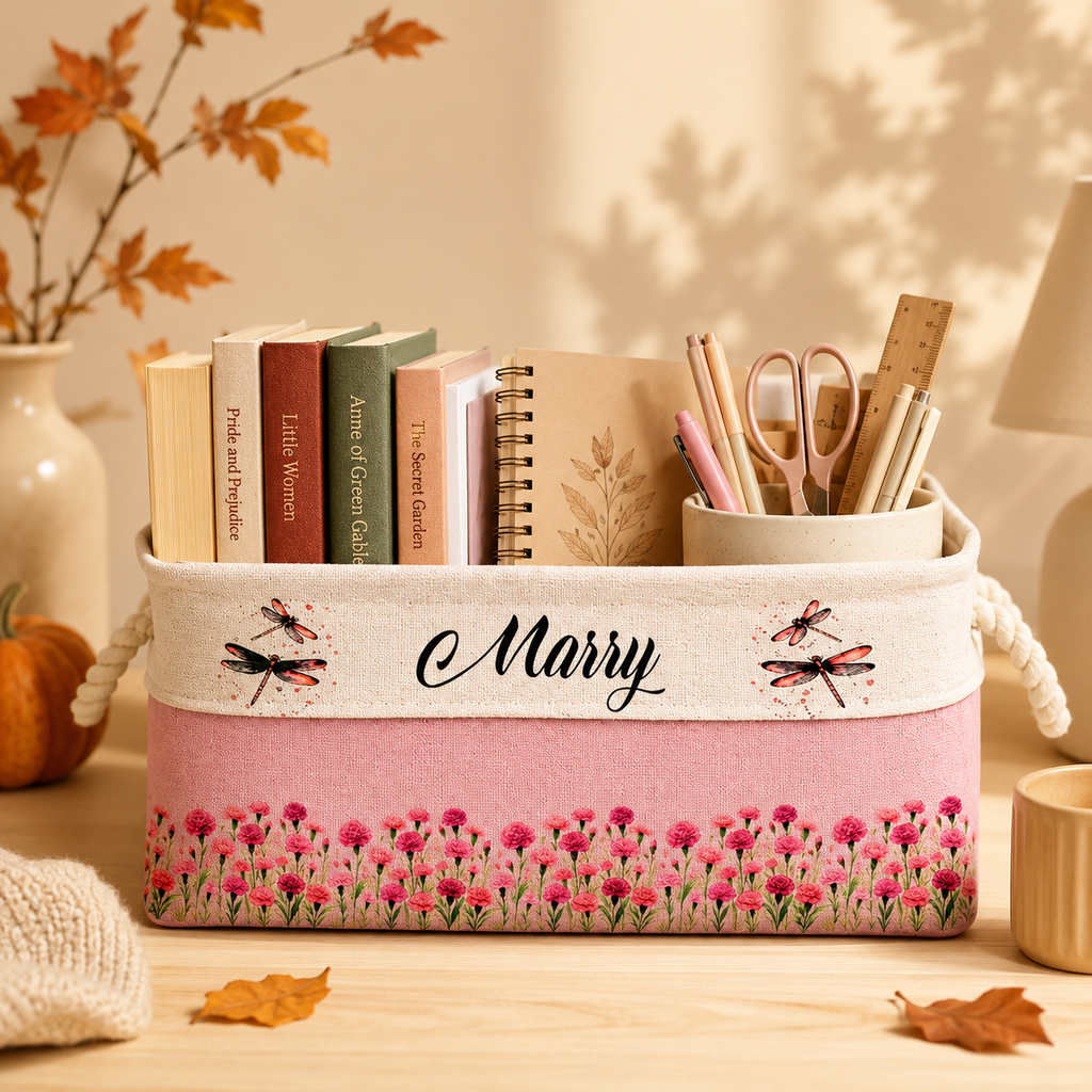Custom Storage Basket - Personalized Birth Month Flower Book Basket - Gifts for Birthday, Bookworms, women