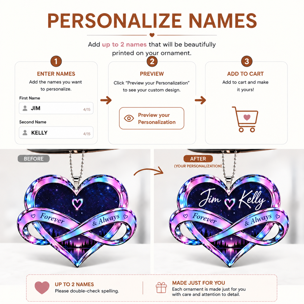Personalized Hologram Infinity Heart Ornament - Forever & Always Romantic Car Ornament - Anniversary Gift for Couples