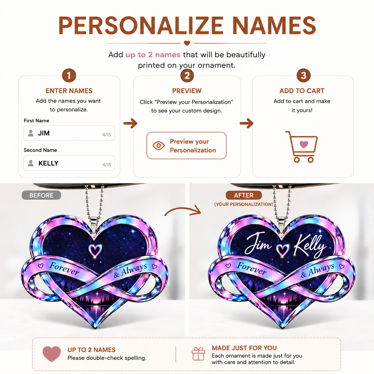Personalized Hologram Infinity Heart Ornament - Forever & Always Romantic Car Ornament - Anniversary Gift for Couples