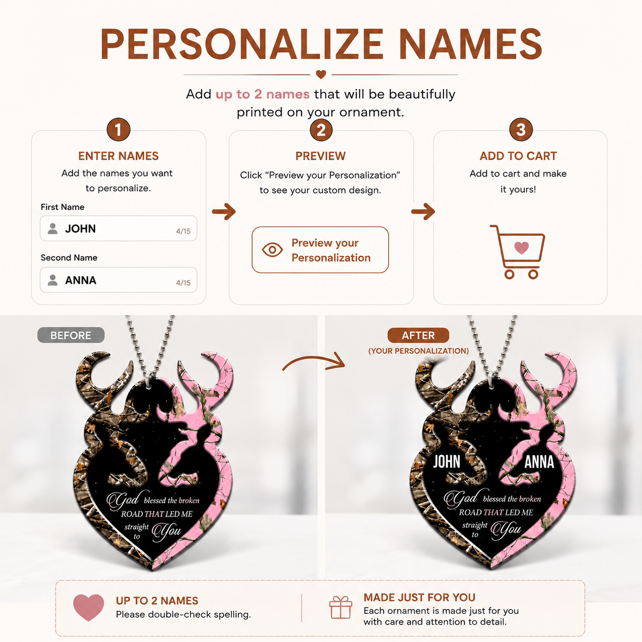 Personalized Buck And Doe Heart God Blessed Ornament, Couple Gift