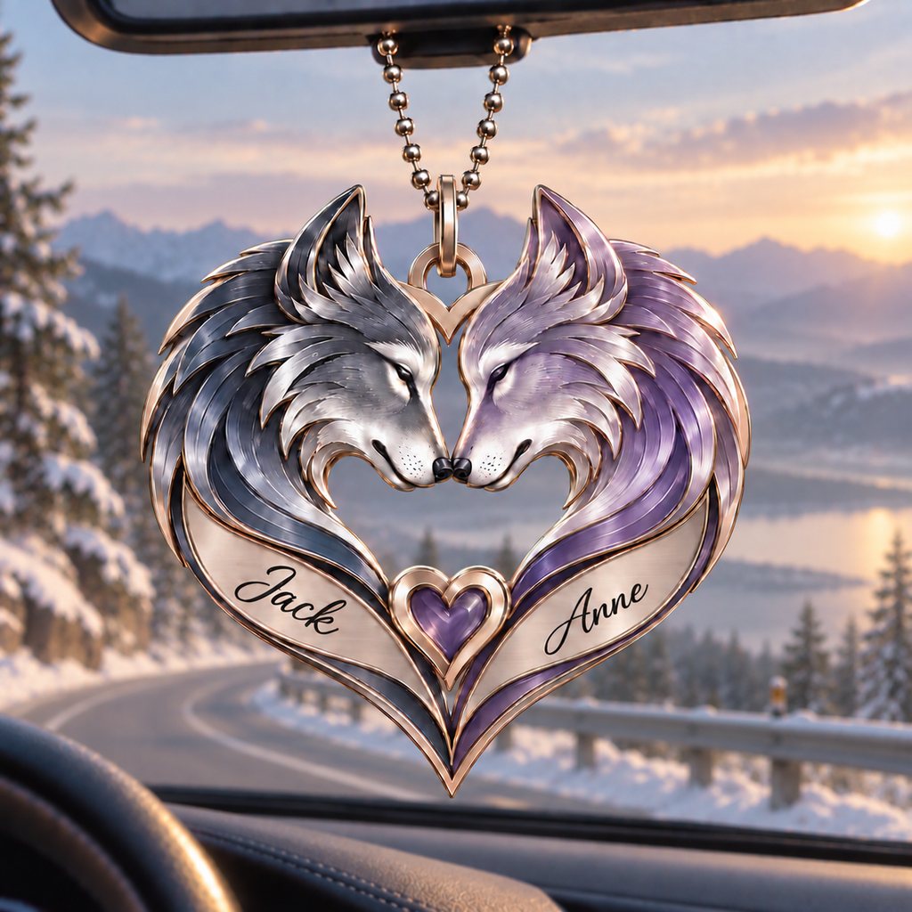 Couple Wolf Heart Personalized Ornament - Custom Names Romantic Love with Wolf Couple Heart Car Ornament - Gift for Couples, Anniversary Gifts for Husband & Wife, for Wolf Lovers