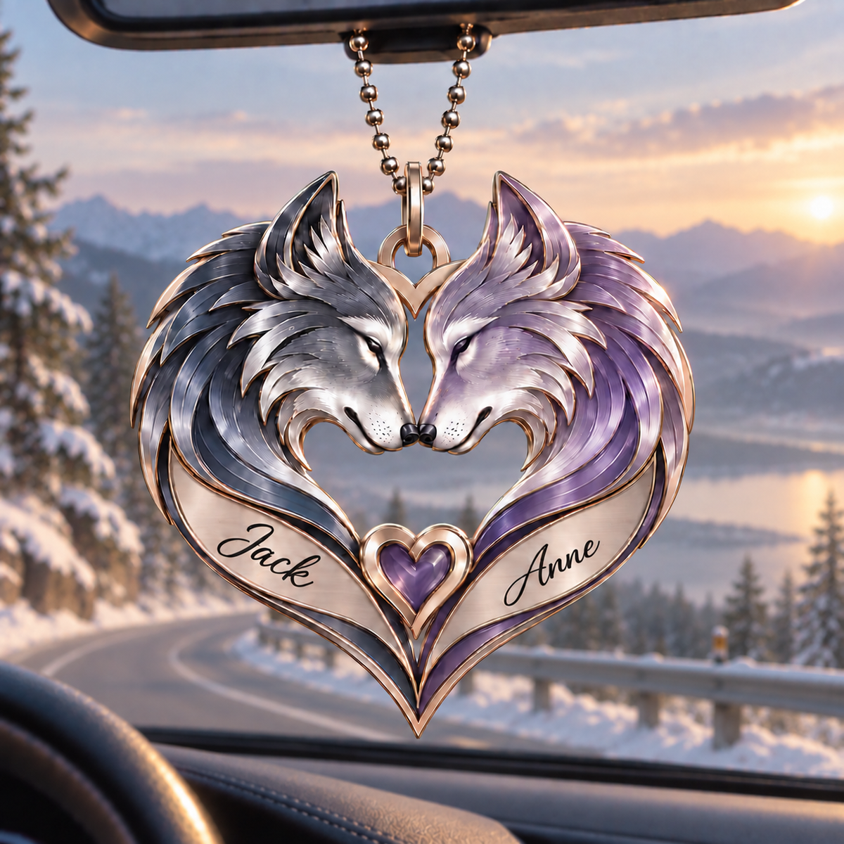 Couple Wolf Heart Personalized Ornament - Custom Names Romantic Love with Wolf Couple Heart Car Ornament - Gift for Couples, Anniversary Gifts for Husband & Wife, for Wolf Lovers
