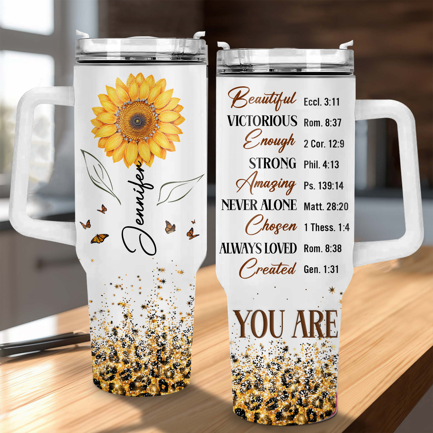 Sunflower Glitter Cheetah You Are 40 Oz Tumbler With Handle - Personalized Stainless Steel Tumbler