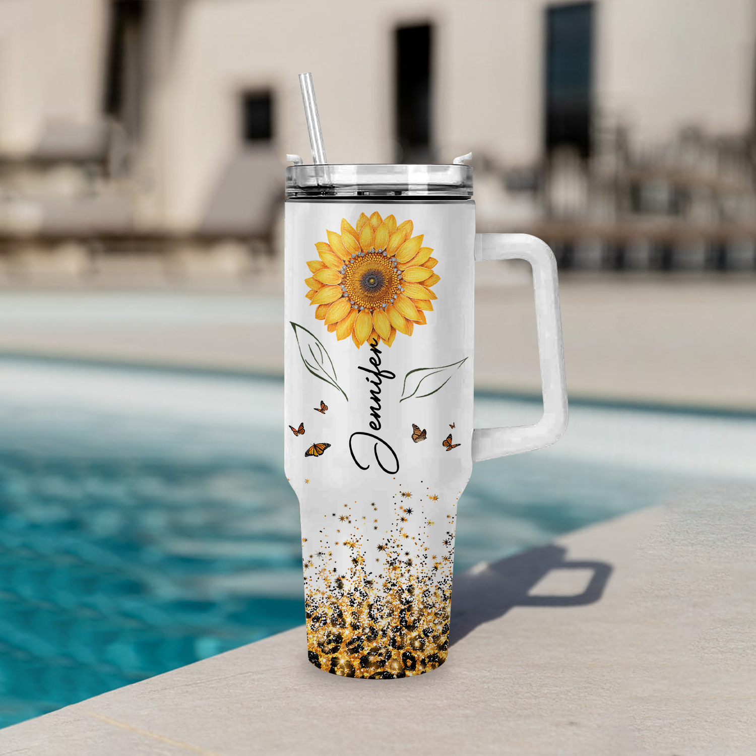 Sunflower Glitter Cheetah You Are 40 Oz Tumbler With Handle - Personalized Stainless Steel Tumbler