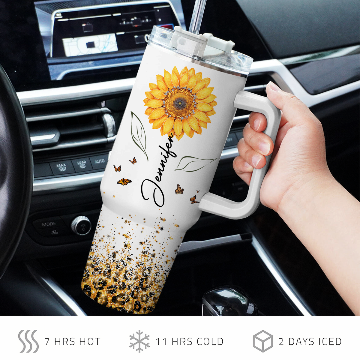 Sunflower Glitter Cheetah You Are 40 Oz Tumbler With Handle - Personalized Stainless Steel Tumbler