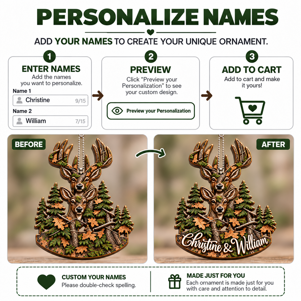 3D Raised Personalized Names Hunting Deer Couple Ornament - Anniversary Gifts