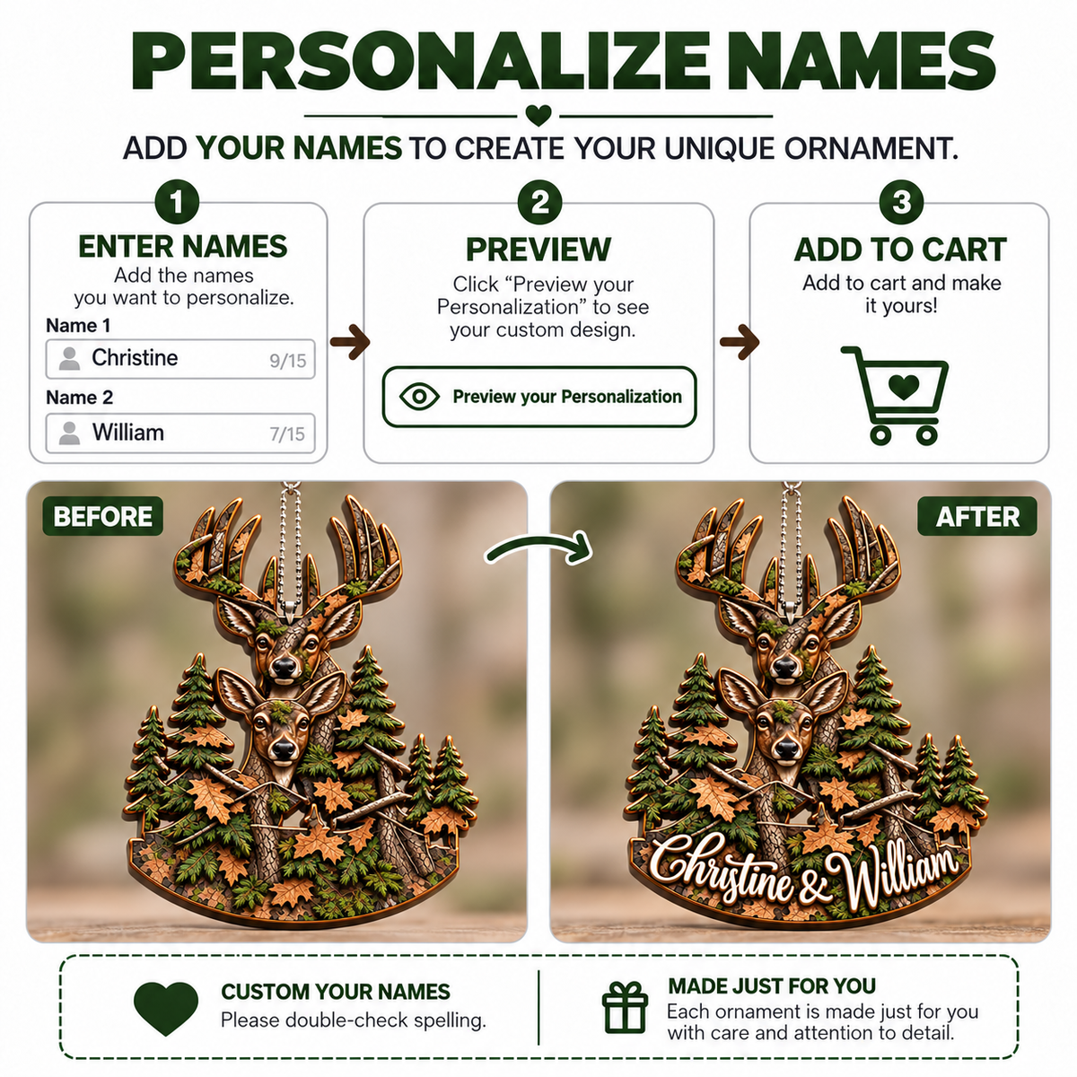 3D Raised Personalized Names Hunting Deer Couple Ornament - Anniversary Gifts