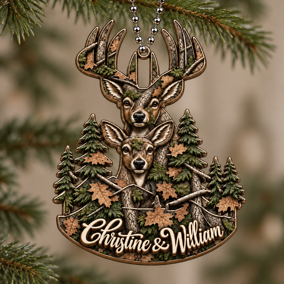 3D Raised Personalized Names Hunting Deer Couple Ornament - Anniversary Gifts