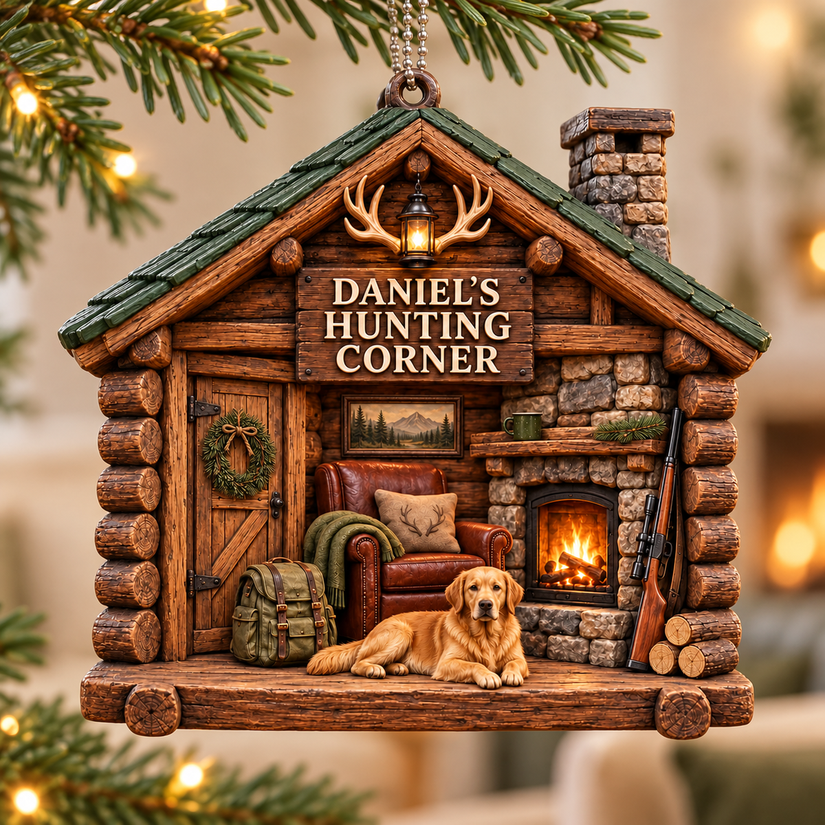 3D Raised Personalized Name Ornament - Hunter Corner Chalets Ornament Gift for Him & Her