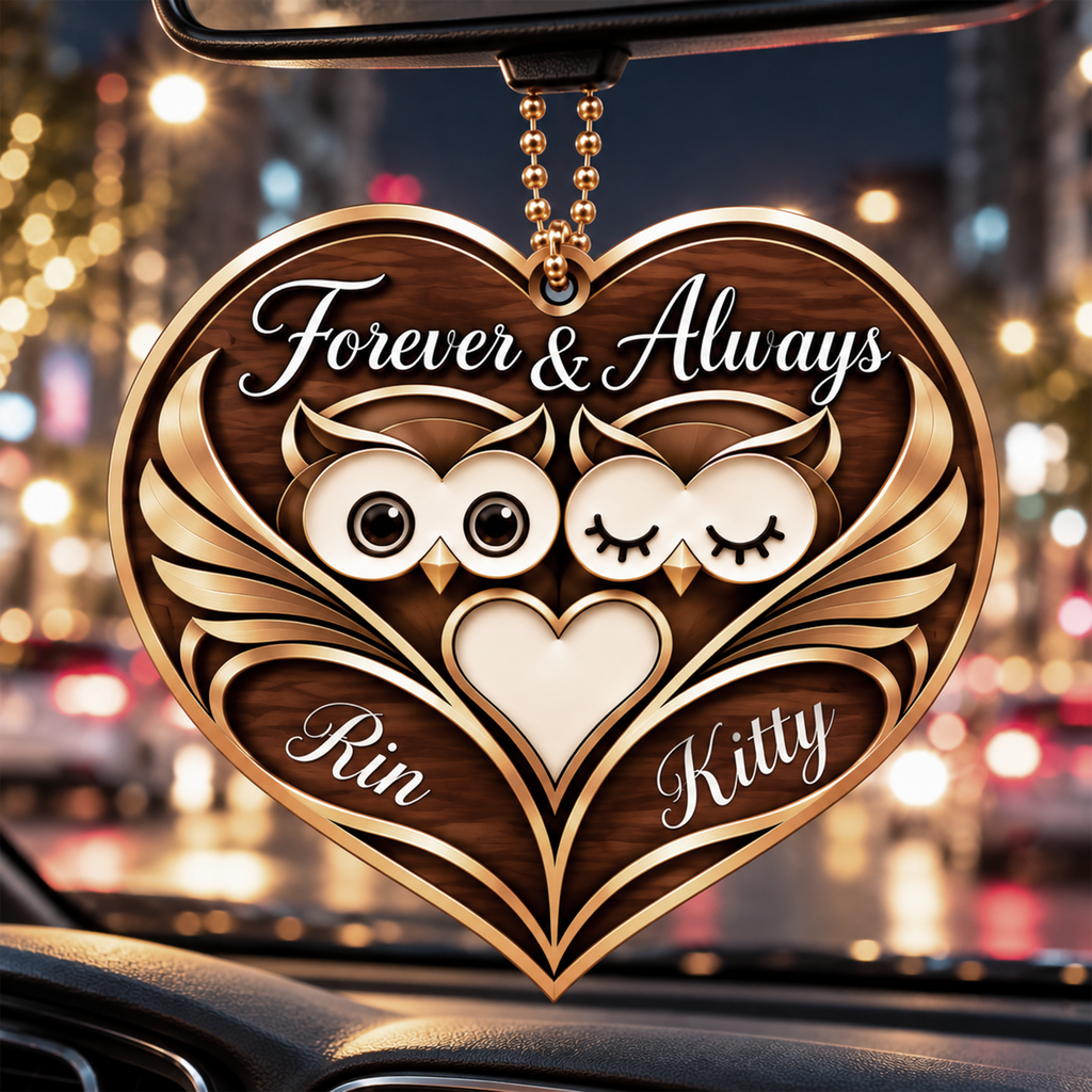 Personalized Names Owl Couple Forever & Always Brown Heart Ornament - Anniversary Gifts for Couples
