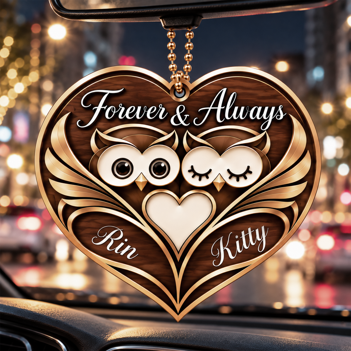 Personalized Names Owl Couple Forever & Always Brown Heart Ornament - Anniversary Gifts for Couples