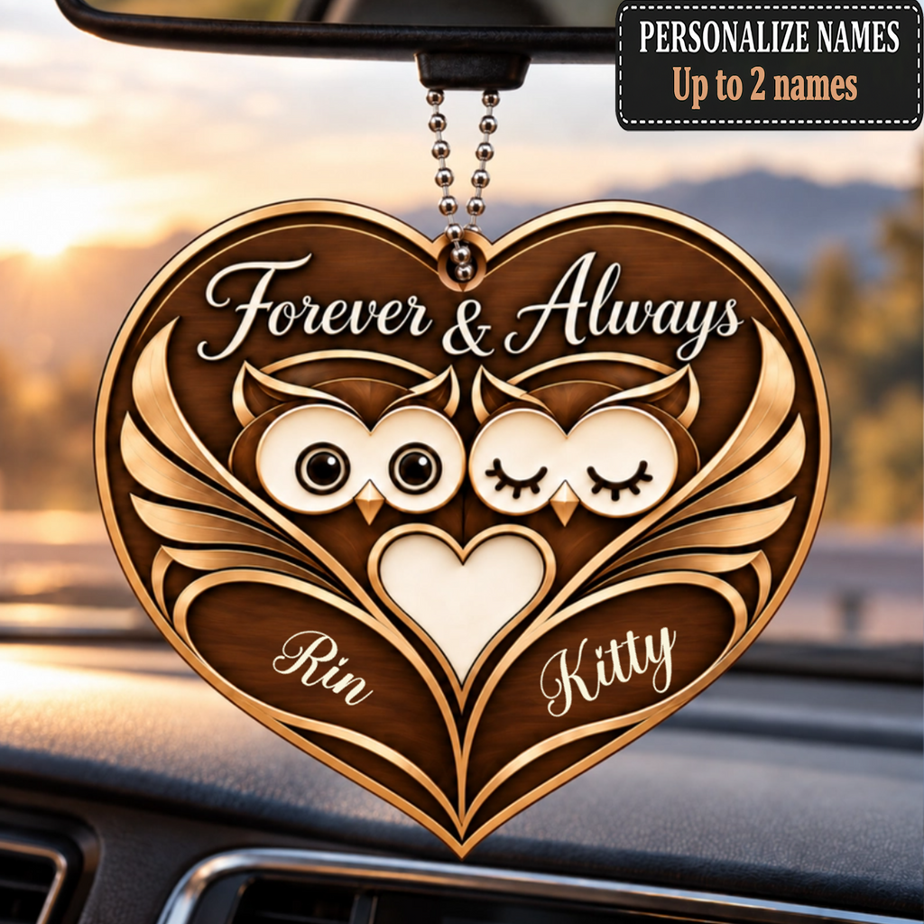 Personalized Names Owl Couple Forever & Always Brown Heart Ornament - Anniversary Gifts for Couples