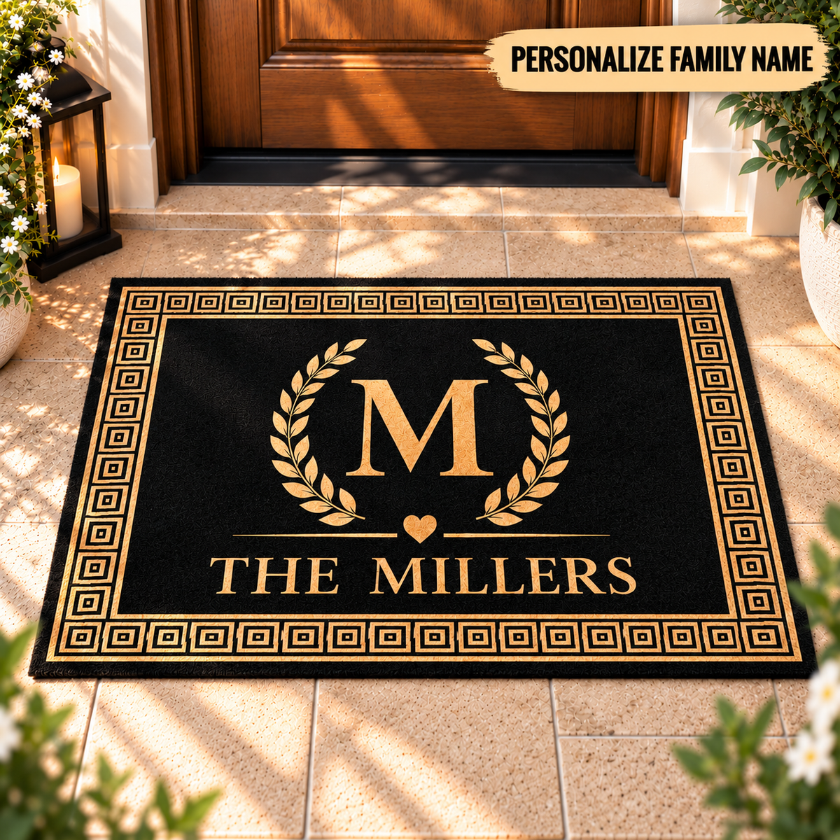 Personalized Family Name & Monogram Doormat – Elegant Greek Key Welcome Mat