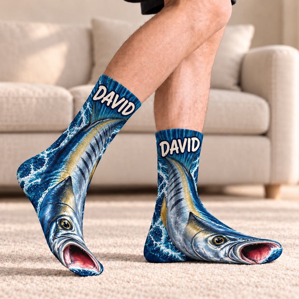 Personalized Wahoo Ocean Fishing Middle Tube Socks for Men & Women - Gift for Fishing Lovers