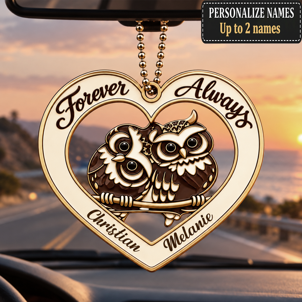 Personalized Couple Owl Ornament - Custom Names Forever and Always with Owl Couple Heart Car Ornament - Gift for Couples, Anniversary Gifts for Husband & Wife