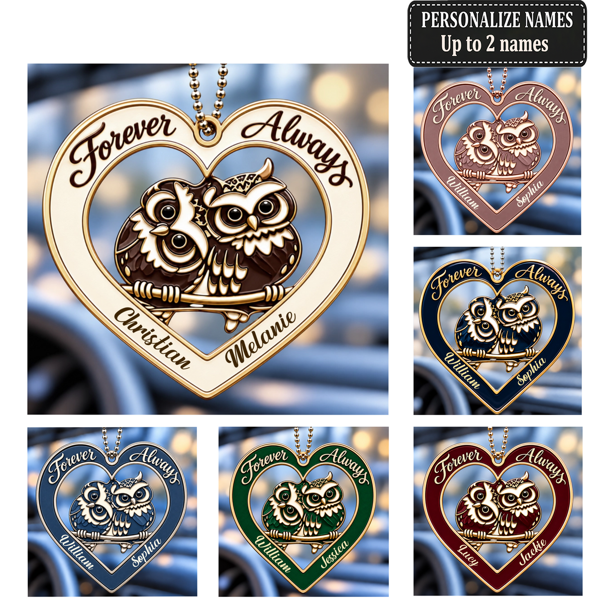 Personalized Names Forever & Always Owl Couple Heart Car Ornament with 8 Versions - Gift for Couples