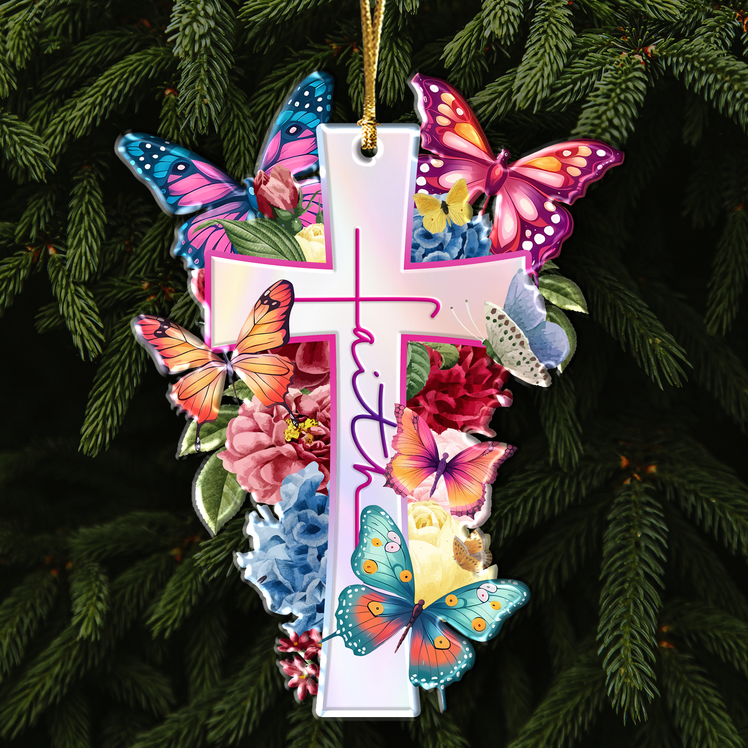 Flowers Faith Cross Butterflies Christian Ornament Gift Christmas Ornament Car Hanging