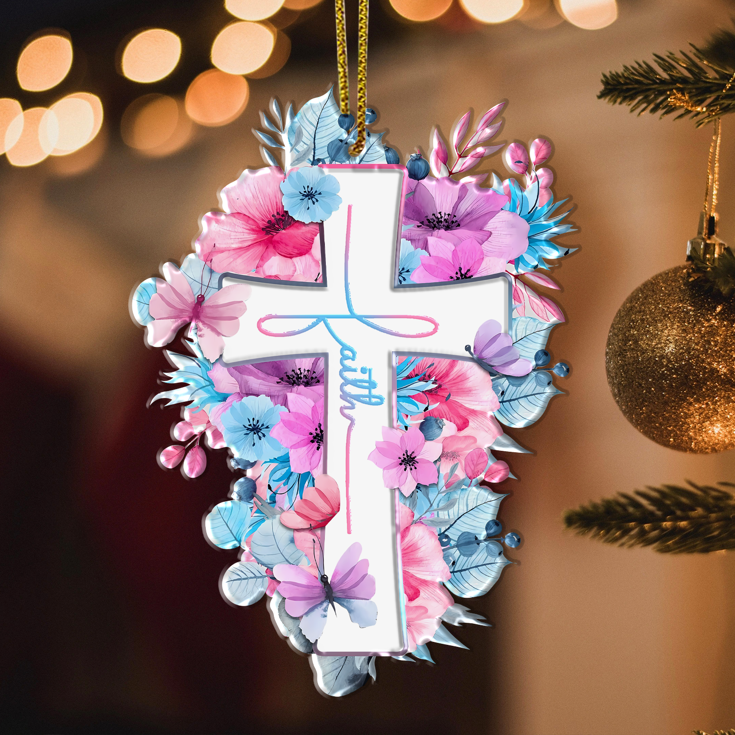 Pink Blue Flowers Butterflies Faith Cross Christian Ornament Gift Christmas Ornament Car Hanging