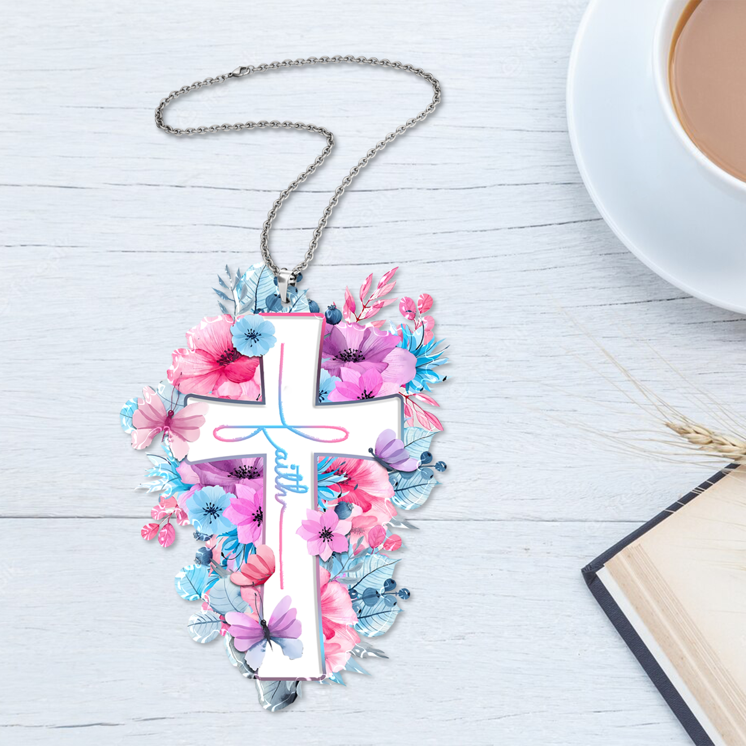 Pink Blue Flowers Butterflies Faith Cross Christian Ornament Gift Christmas Ornament Car Hanging