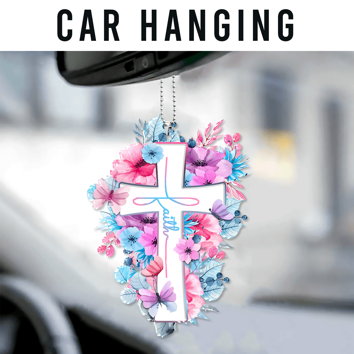 Pink Blue Flowers Butterflies Faith Cross Christian Ornament Gift Christmas Ornament Car Hanging