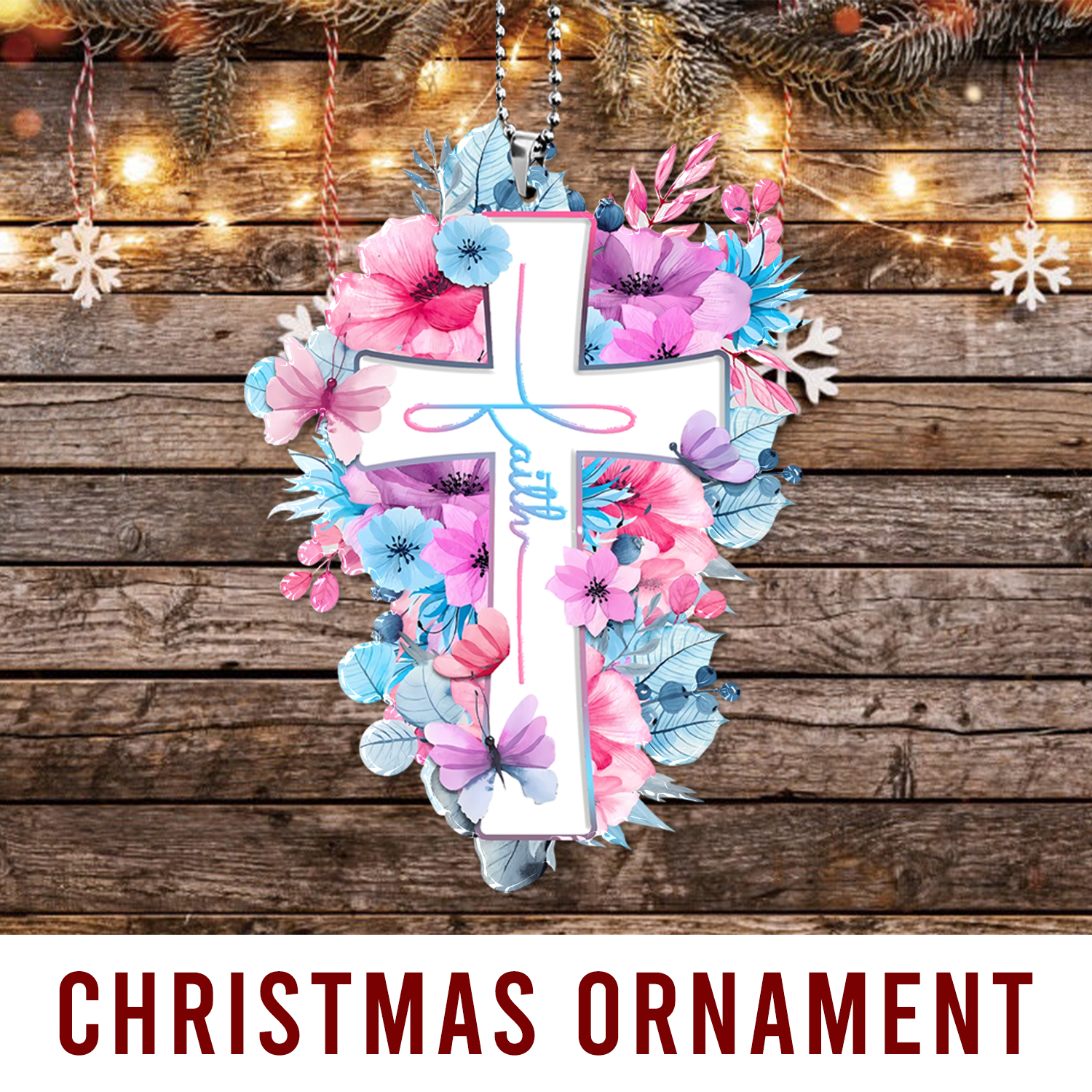 Pink Blue Flowers Butterflies Faith Cross Christian Ornament Gift Christmas Ornament Car Hanging