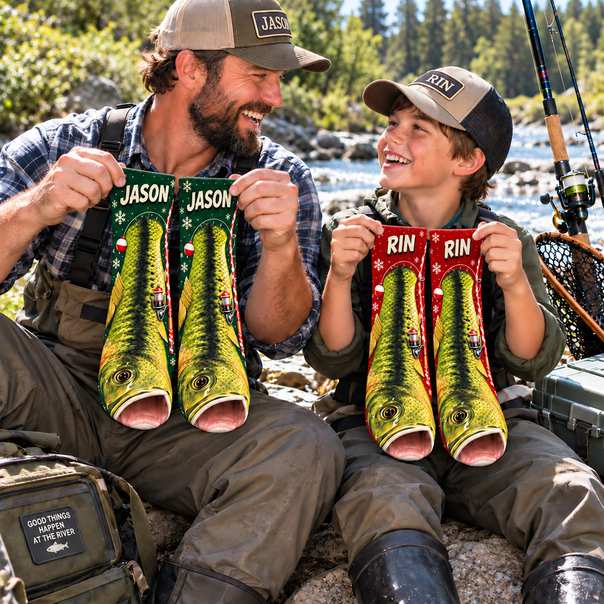 Personalized Largemouth Trout Fishing Reel Middle Tube Socks for Men & Women - Christmas Gift for Fishing Lovers