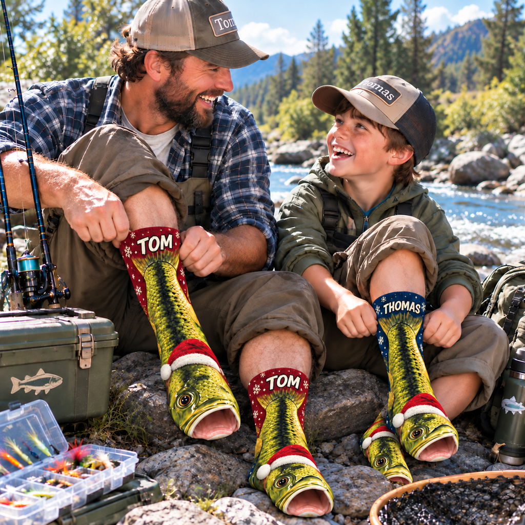 Personalized Name Largemouth Bass Fishing Middle Tube Socks for Men & Women - Christmas Gift for Fishing Lovers