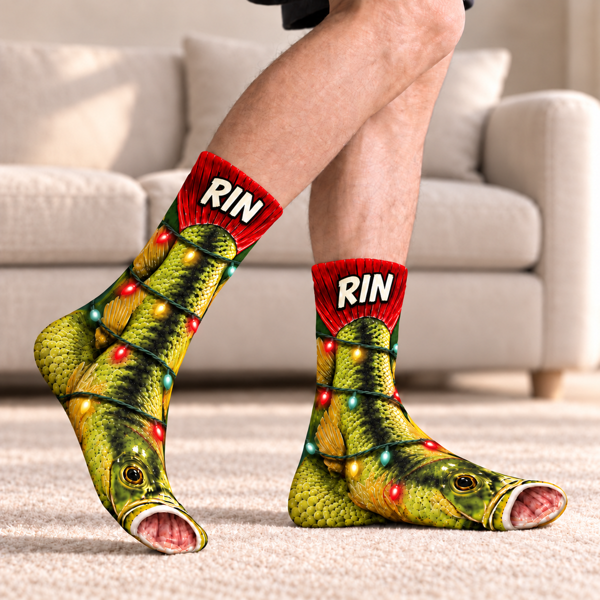 Personalized Funny Xmas Light with Largemouth Trout Fishing Middle Tube Socks for Men & Women - Christmas Gift for Fishing Lovers