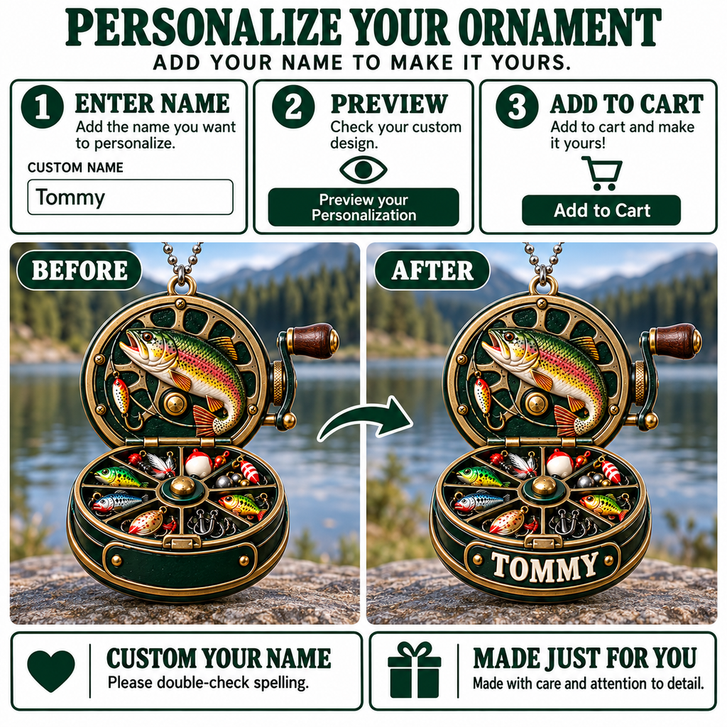 3D Raised Personalized Name Fishing Reel Ornament – Gift for Fishing Lovers