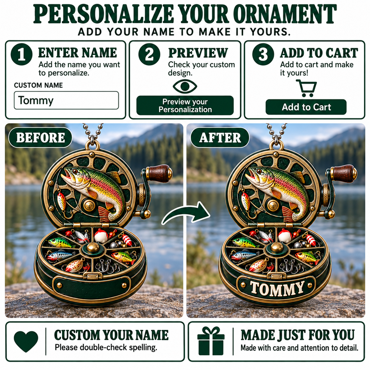 3D Raised Personalized Name Fishing Reel Ornament – Gift for Fishing Lovers