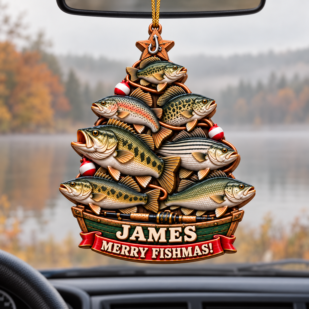 3D Raised Personalized Name Merry Fishmas Bass Fishing Boat Ornament